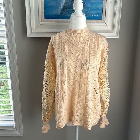 Boho Cream Yellow Fall Crocheted Lace Turtleneck Sweater medium - Picture 4 of 13
